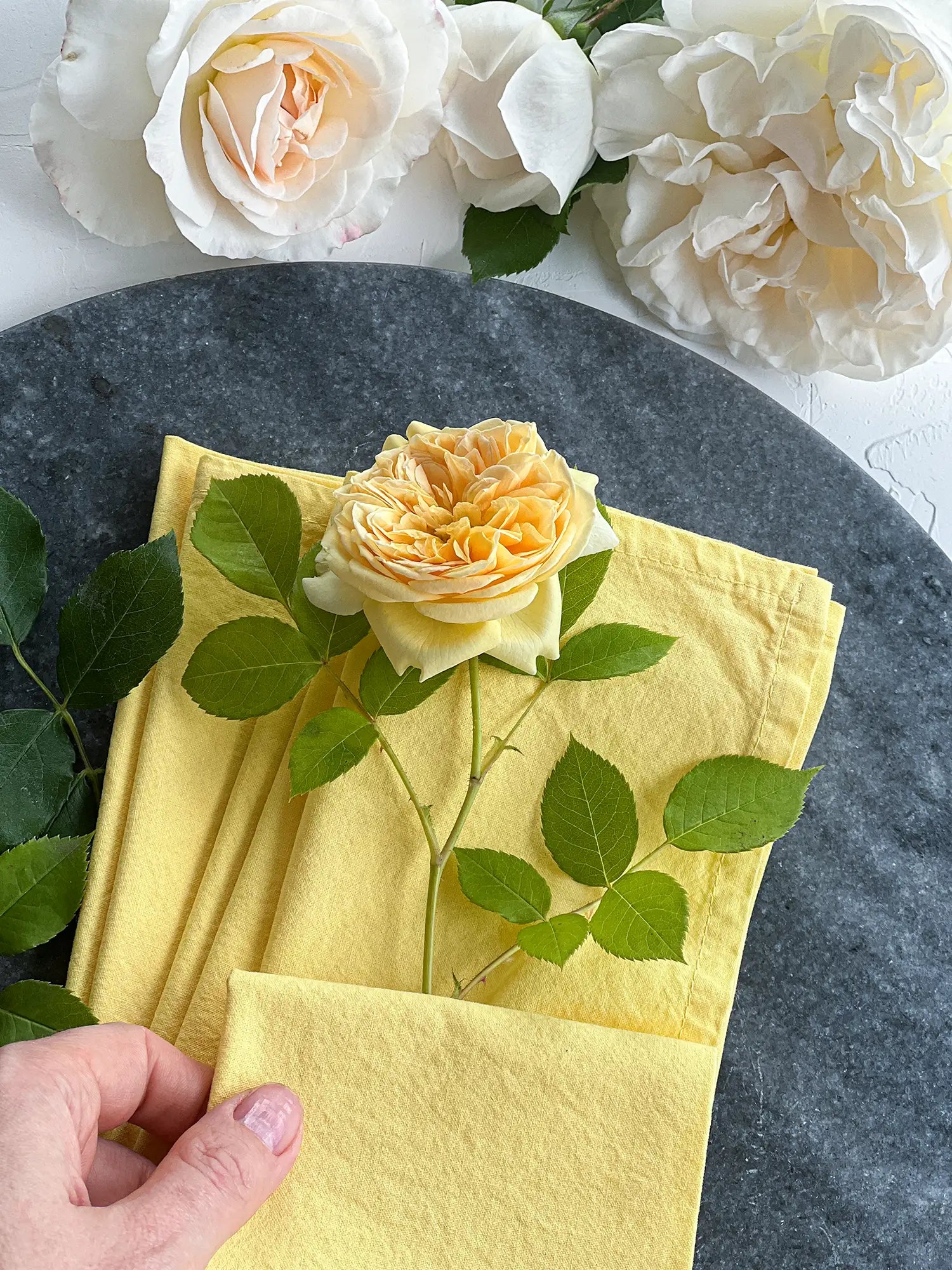 Serving table with yellow napkins