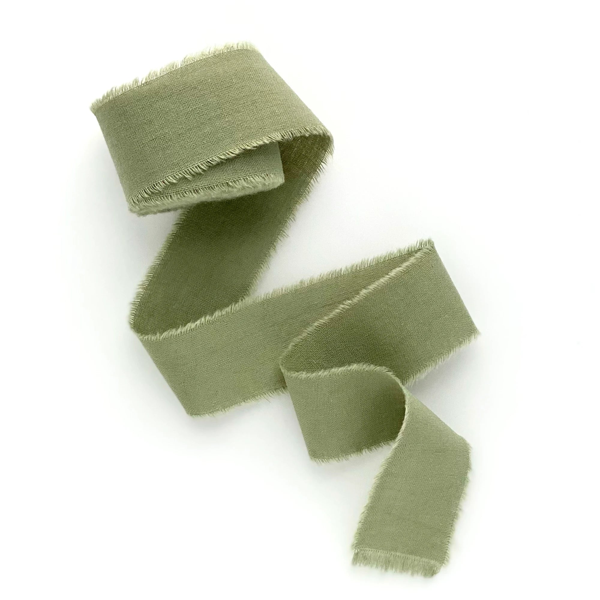 Olive green silk cotton hand dyed torn and frayed ribbon 2 inch width