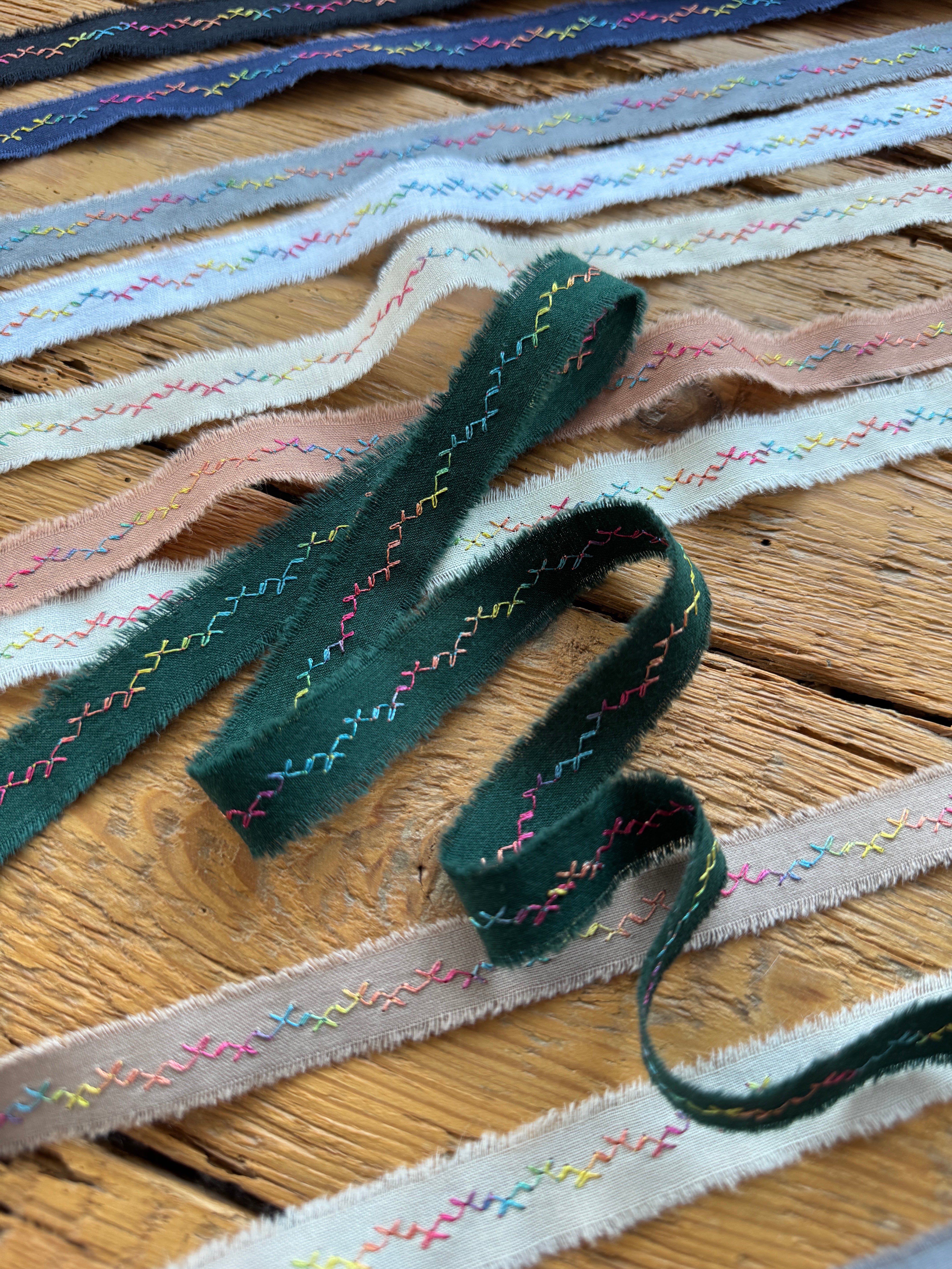 Custom Embroidered Cotton Ribbon | Double-Sided Pattern Frayed Edge hand-dyed Ribbon