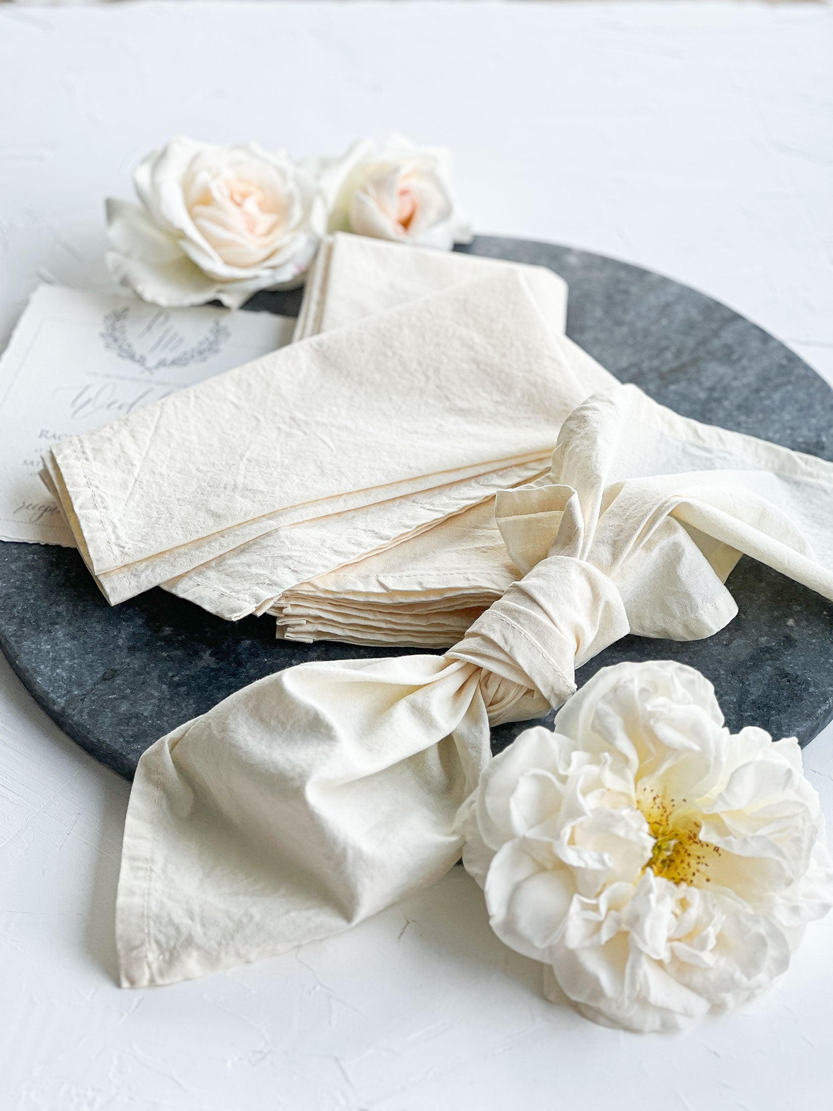 ivory handmade cotton napkins on wedding white table