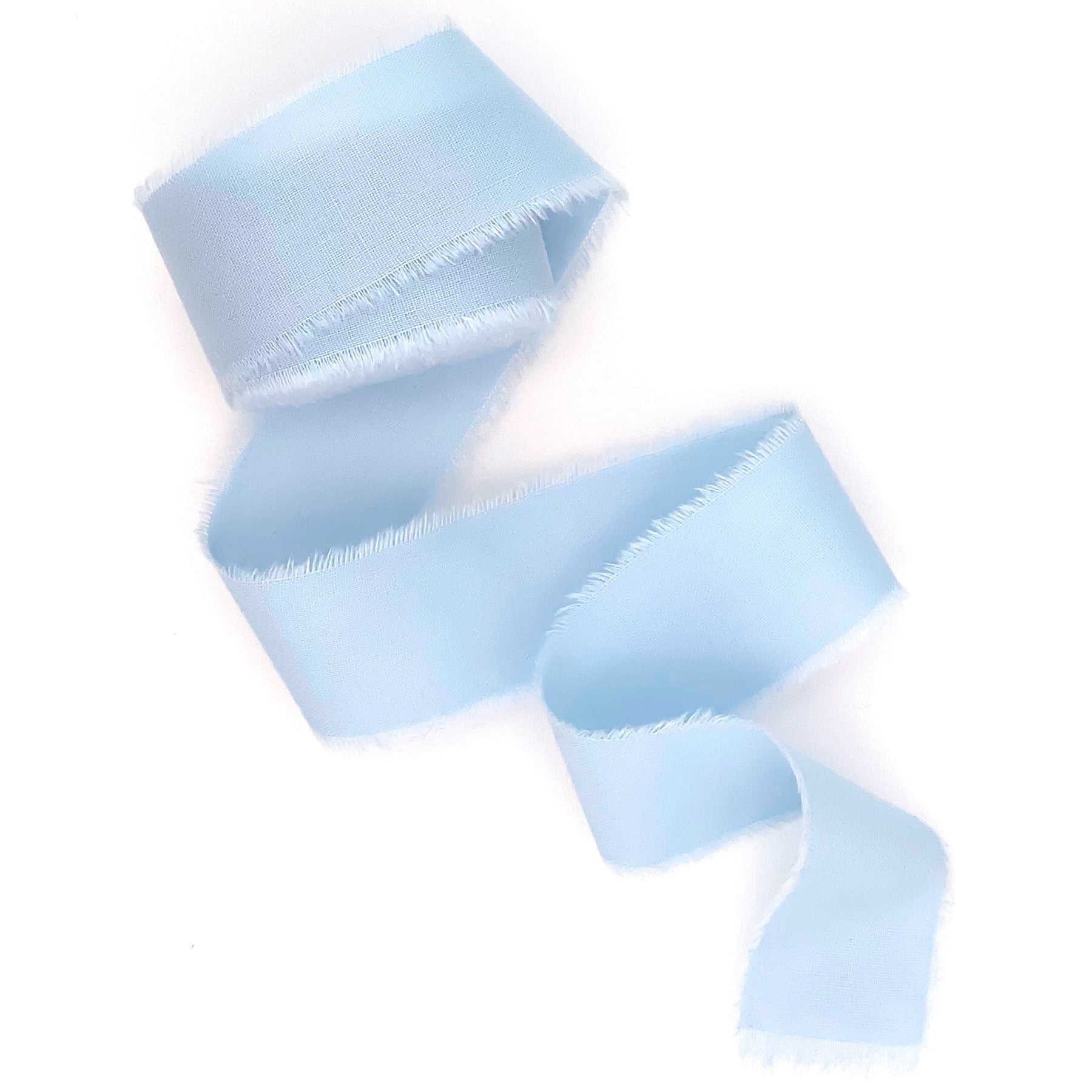 Light blue raw rfayed edges silk cotton ribbon, handmade hand dyed 1 inch width 5 yards length