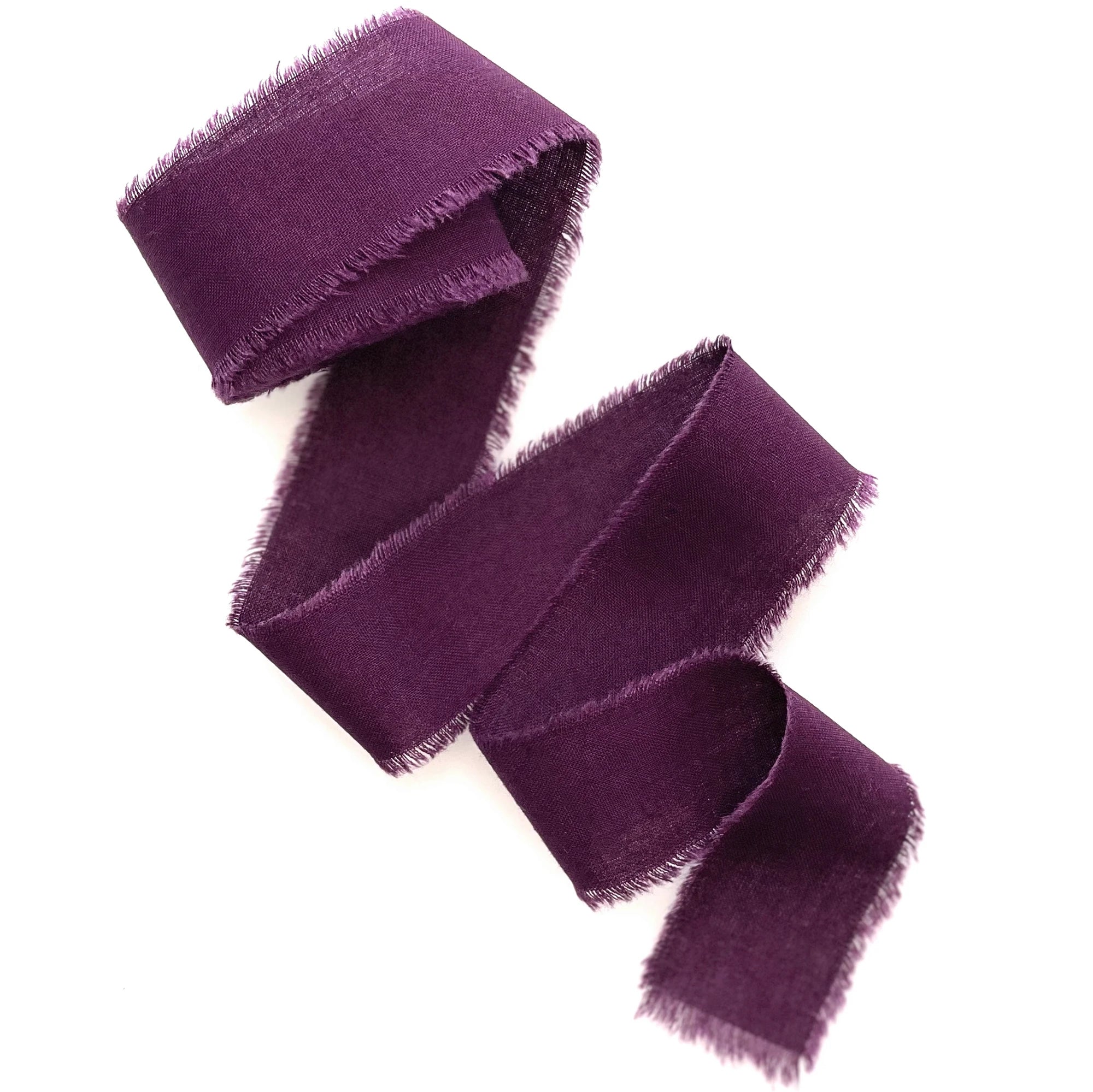 Silk cotton hand dyed plum fringle ribbon with raw edges 1 inch wide